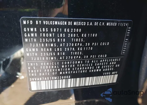 2024 Volkswagen Tiguan 2.0T Wolfsburg Edition z USA, uszkodzony, nr VIN 3VVAB7AX1RM226868